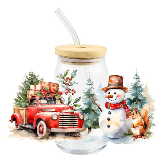 Red Truck & Snowman | UVDTF Can Glass Wrap