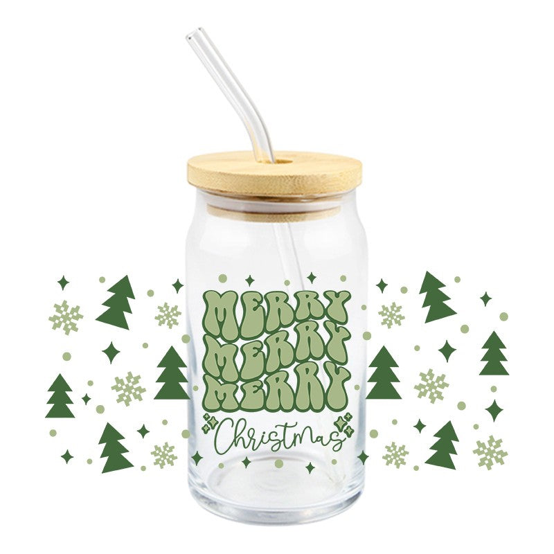 Merry Christmas w/ Green Trees | UVDTF Can Glass Wrap